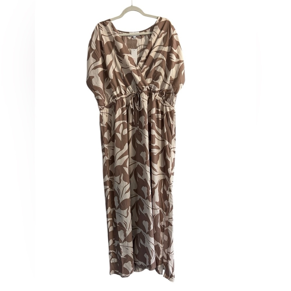 Gilli Abstract Leaf Print Maxi Dress V-Neck Boho Summer Gown Brown/Cream Sz 1X